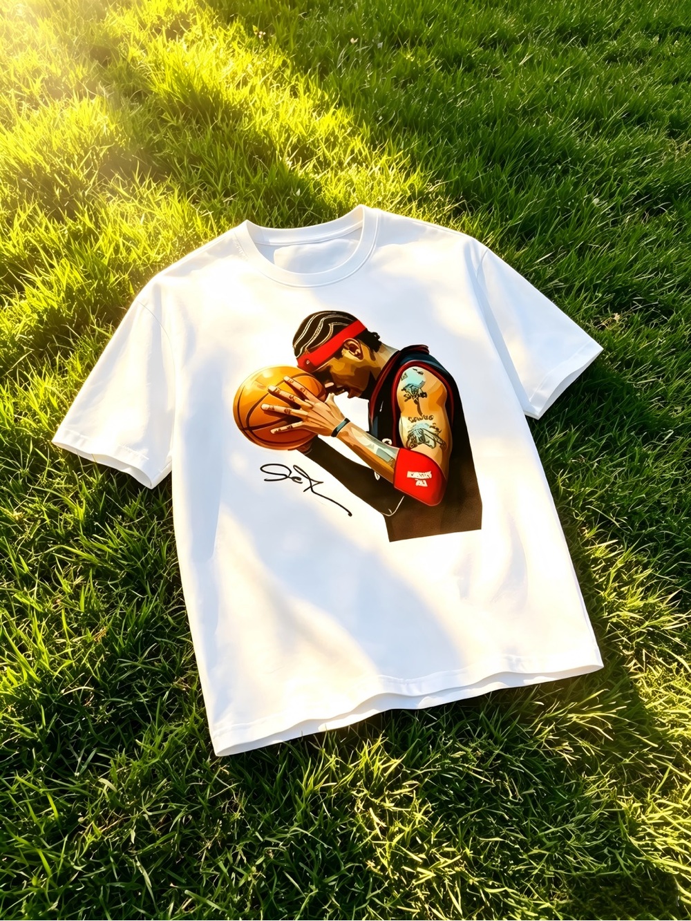 This product features Allen Iverson's unique autographed basketball logo T-shirt
